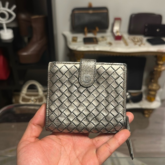 Bottega Veneta Handbags - Bottega Venetta Intrecciato metallic chrome, leather, compact style wallet